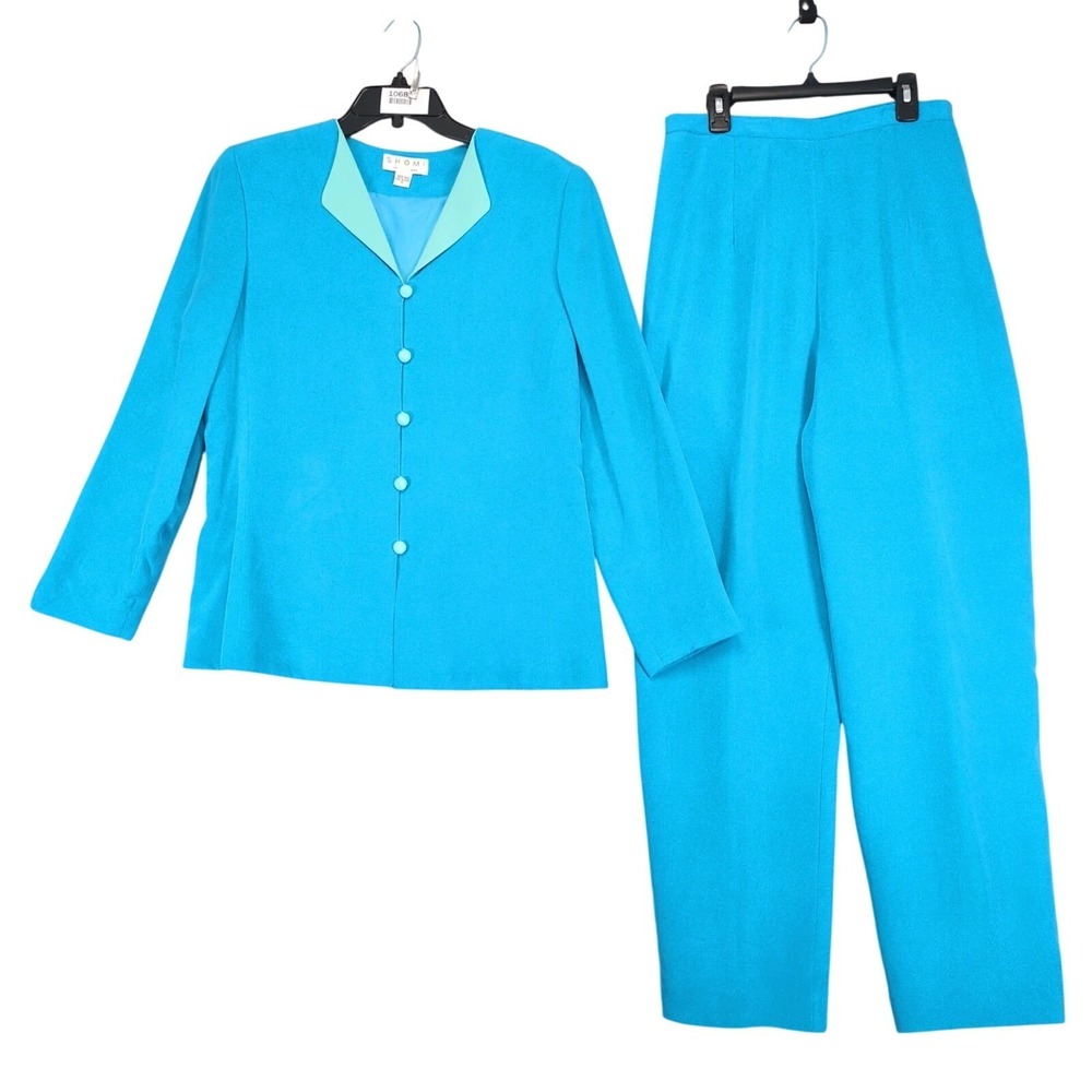 Vintage 90s Shomi Blue 2pc Silk Blouse & Pants Set Womens 12 Career Resort Retro